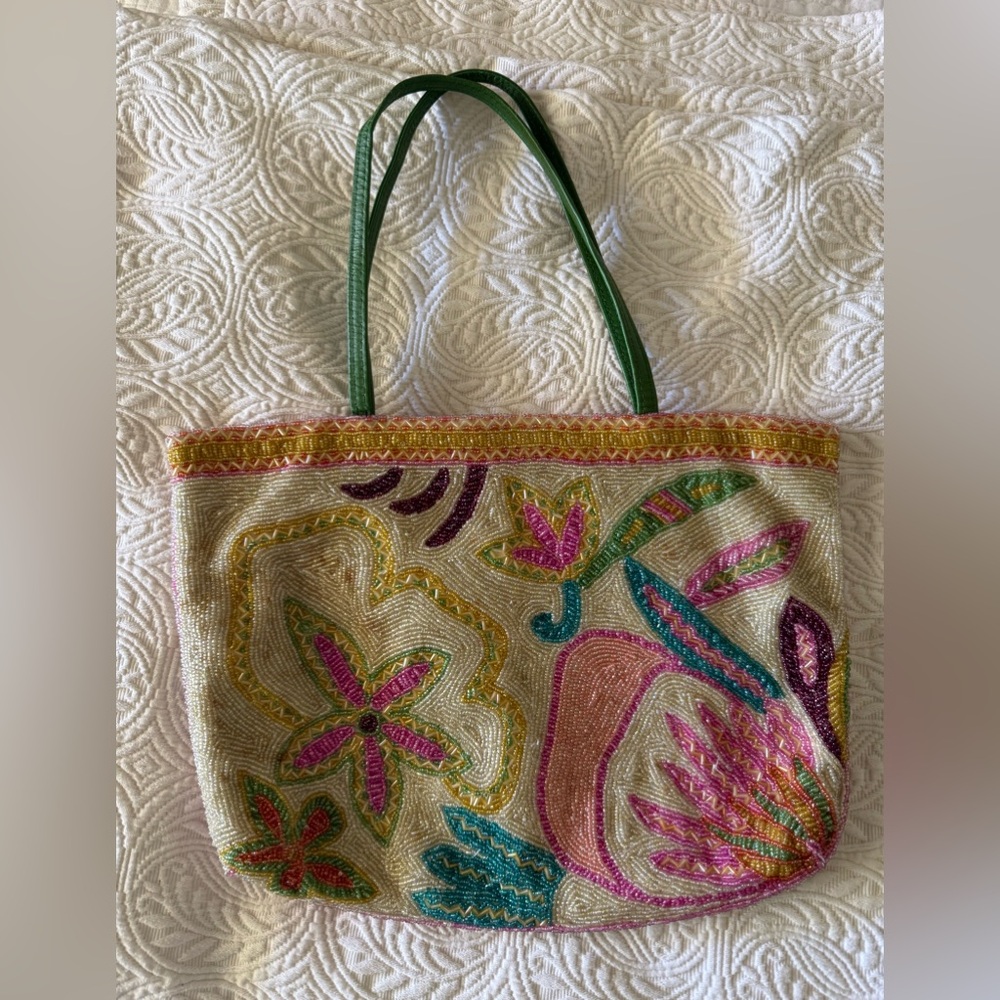 Anthropologie Hand-Beaded Floral Botanical Tote Purse | Pink | Boho Cottagecore